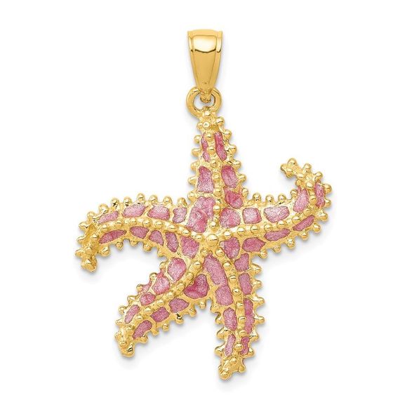 14k Yellow Gold Pink Enameled Starfish Necklace - 18 Inch